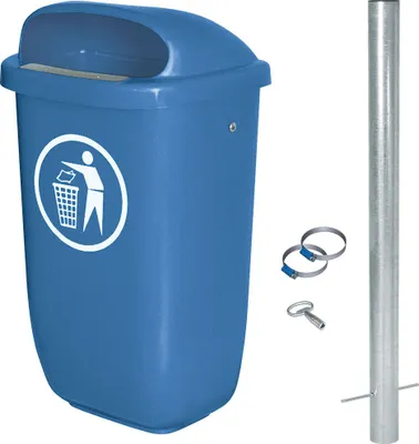 Produktbild von 50 Liter Abfallbehälter blau im Komplettset mit verzinktem Rohrpfosten