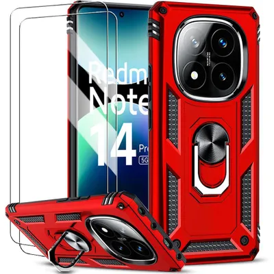 Image de Coque pour Xiaomi Redmi Note 14 Pro Plus 5G/Note 14 Pro+ 5G, Protection Rigide avec Anneau - Rouge + 2 Verres Trempés