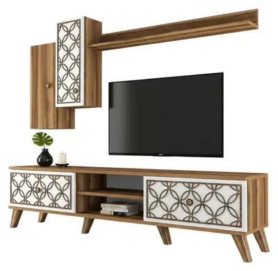 Image de Nunzia - Meuble TV, 180x35x44h cm Marron Noyer, 2 Étagères