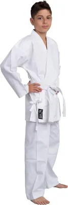 Produktbild von Taekwondo Anzug Tradiional mit Schnürung weiß 8 oz Baumwolle (vorgewaschen) - Jacke, Hose, weißer Gürtel