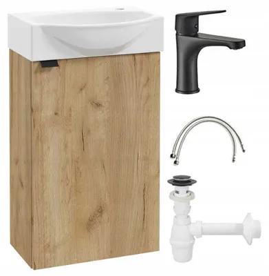 Productafbeelding van Badkamermeubel met wastafel, 60x40 cm, wandmodel, eikenhout "craft" met zwarte Parma-mengkraan
