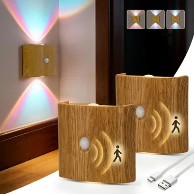 Produktbild von 2er Set LED Wandleuchte mit Bewegungsmelder Innen Akku 1200mAh Nachtlicht Kabellos Holzoptik Ohne Bohren Wandlampe USB-C Wiederaufladbar Treppenlicht Flurleuchte Schranklicht