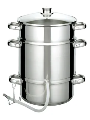 A stainless steel juicer with a glass lid and a white hose attached to the bottom.