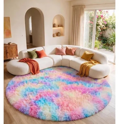 Image de Tapis pour salon, motif arc-en-ciel, diamètre 120 cm, doux et moelleux