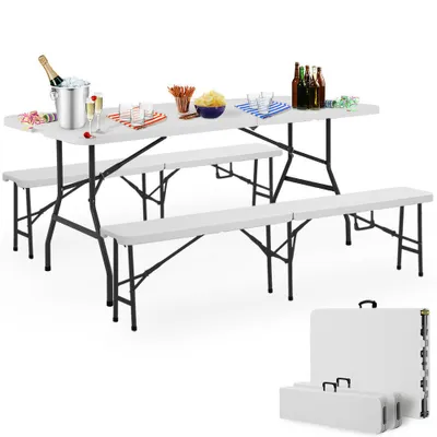 Productafbeelding van Buitenmeubelset voor terras, 3-delig, kunststof, wit, 183 cm, inklapbaar