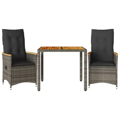 Image de vidaXL Ensemble Bistro 3 pièces avec coussins Gris Poly Rattan