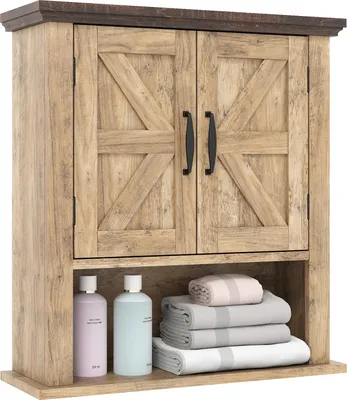 Image de COSTWAY Armoire de salle de bain suspendue, armoire suspendue avec étagères, portes & compartiment de rangement ouvert, armoire murale, armoire de cuisine, naturel