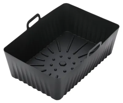 A black silicone air fryer liner with handles.