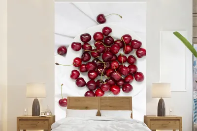 Produktbild von MuchoWow® Fototapete für Wohnzimmer oder Schlafzimmer Wandtapete Vinyl Motivtapete Kirschen - Obst - Weiß - 195x300 cm - Das Hintergrundbild