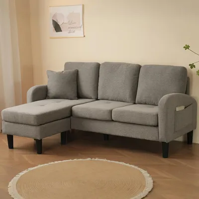 Produktbild von L-förmiges Ecksofa mit Chaiselongue, 3-Sitzer, 166x118x77 cm, atmungsaktiver Baumwoll-Leinenstoff, modulares Design, für Wohnzimmer & Apartments,grey