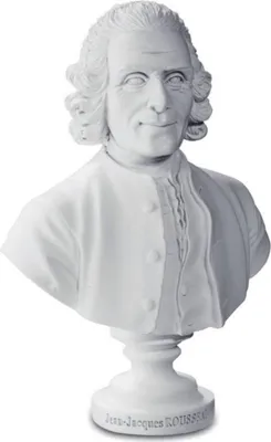 A white bust of Jean-Jacques Rousseau on a white pedestal.