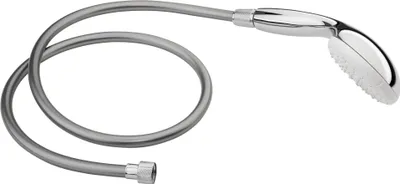 A silver shower hose and head on a white background.