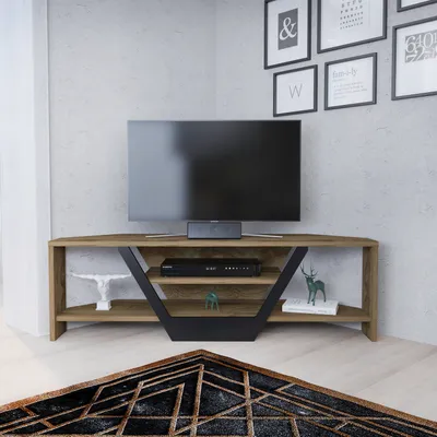 Image de Meuble TV d'angle Decorotika Sares pour téléviseurs jusqu'à 55 pouces | Chêne clair et noir
