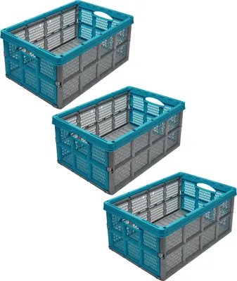 Produktbild von Garronda 3 Stück Transportbox Klappbox Klappkiste Faltbox Faltkiste 51 x 34,5 x 22,5 cm (Grau/Türkis) GD-CRI-FoldBox