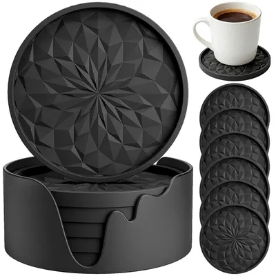 Silikonuntersetzer Set 6er, rund, 10 cm, schwarz, rutschfest