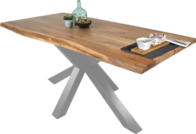 Produktbild von Esstisch Baumkante massiv Akazie Natur 300 x 100 Spider-Gestell silber TIM