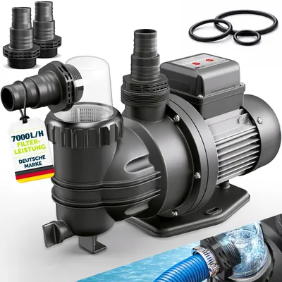 Immagine prodotto di Pompa filtrante tillvex® per piscina con timer 7.000 l/h e 250 W | Pompa per piscina con prevalenza max. 7,5 m | Pompa di ricircolo per piscine da 22 m³ | Pompa per piscina autoadescante per piscine fuori terra e spa con prefiltro