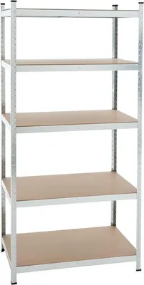 A five-tier metal shelving unit with particleboard shelves.