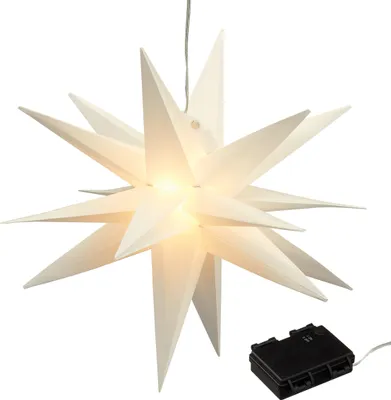 A white, 15-pointed star-shaped LED light with a battery pack.