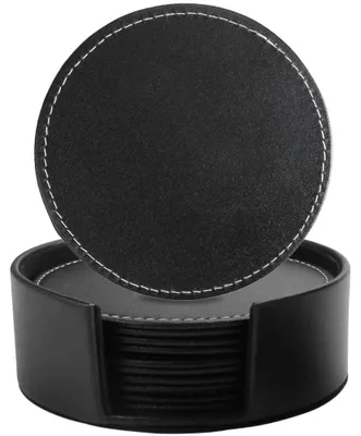 Untersetzer-Set 6er rund schwarz PU-Leder mit Halter hitzebeständig