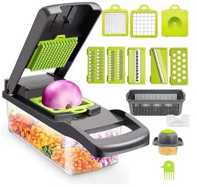 Produktbild von 14-teiliges Set Vierkant Multifunktions-Komplett-Salat-Schneider mit Aufbewahrungsbox - Anleitung - Grün