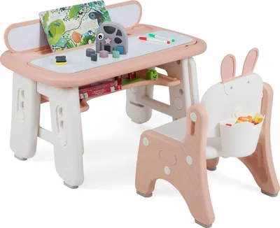 Produktbild von COSTWAY Kindertisch mit Stuhl, Schreibtisch höhenverstellbar, Bücherregal, magnetischem Zeichenbrett, Stauraum&Malzubehör Kindertisch für Kinder 1-12