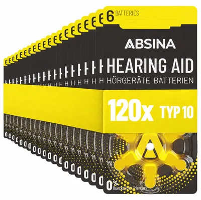 Produktbild von ABSINA Hörgerätebatterien 10 - 120 Batterien Hörgeräte 10 Gelb - Hörgerät Batterie Zink Luft mit 1,45V - PR70 ZL4