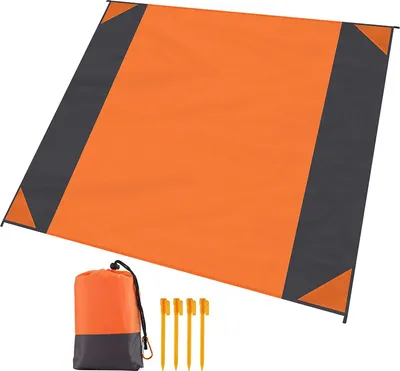 Produktbild von Stranddecke, wasserdicht, sanddicht, 200 x 210 cm, faltbar, tragbar, in Tasche mit festen Stiften und Karabinerhaken, für Picknick, Wandern, Camping (orange)