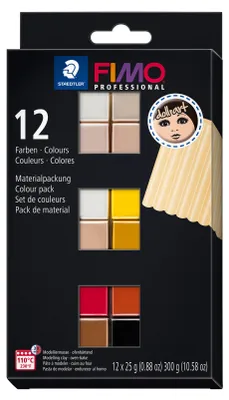 Produktbild von Staedtler FIMO doll art 8073 C, Modellierton, Beige, Schwarz, Braun, Orange, Rosa-Goldfarben, Rot, Rose, Sand, Terrakotta, Weiß, Gelb, 12 Stück(e), 12 Farben, 110 °C, 30 min