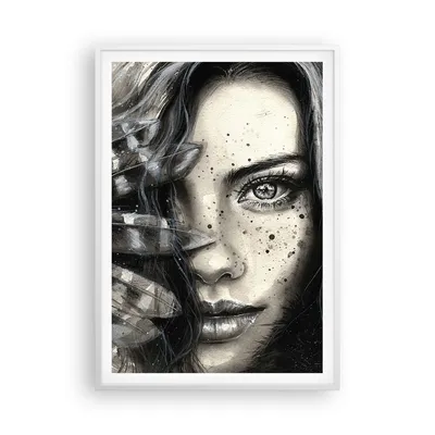 Produktbild von Gerahmtes Poster - Weißer Rahmen - Frau Federn Lippen Kunst. - 70x100 cm - Wand Bild - Wanddeko - Wandbilder - Wandposter - Bilderrahmen - Bilder - Kunstdruck - Wandbild - P2WPA70x100-2874