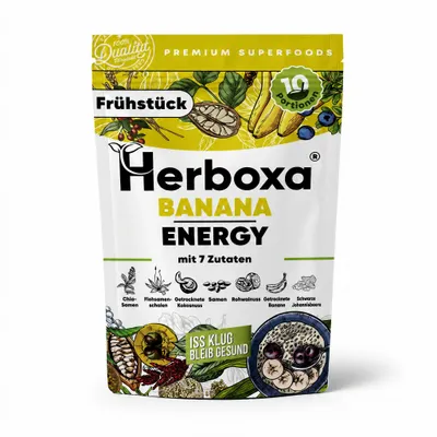Immagine prodotto di Herboxa Banana Energy in polvere - Miscela vegetale superfood per la colazione con spirulina, semi di chia, semi di canapa e fibre alimentari - 10 porzioni