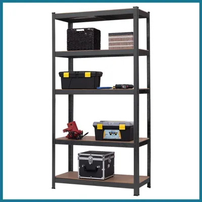 A metal shelving unit with various storage boxes and tools on its shelves.