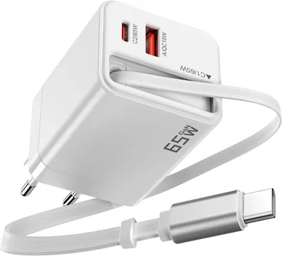 Produktbild von USB-C Ladegerät, 65 W 3-Port Netzteil Schnellladegerät mit 65cm Ausziehbarem Ladekabel, USB-C Schnellladegerät, für iPhone, iPad, MacBook, Samsung