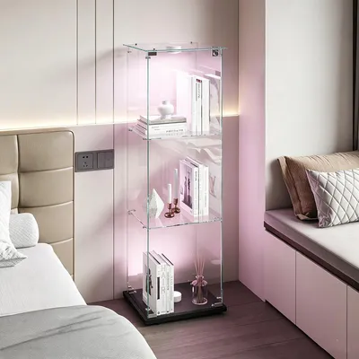 Zdjęcie produktu dla Witryna szklana stojąca z oświetleniem LED i drzwiczkami szklanymi, szafka witrinowa z 3 szklanymi półkami, czarna, 123,3 x 39,8 x 35 cm