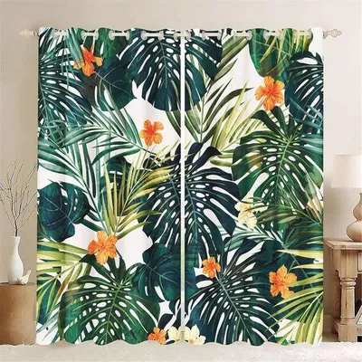 Immagine prodotto di Tende con motivo foglie di palma tropicali, verde, 100% poliestere, 100 x 140 cm, set da 2