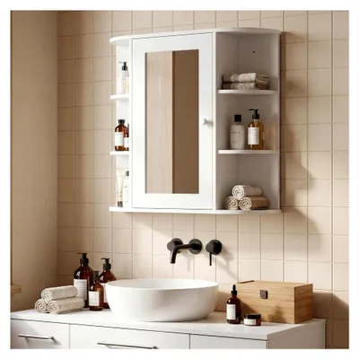 Produktbild von Badezimmerschrank mit Spiegeltür und offenen Regalböden, Weiß, 66 x 17 x 63 cm