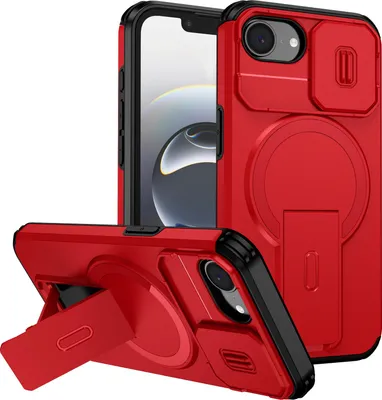 A red iPhone case with a sliding camera cover and a kickstand is shown from multiple angles.