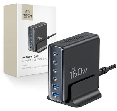 Productafbeelding van Tech-Protect DC160W-GAN, desktoplader met 6 aansluitingen, PD 160W / QC3.0, zwart