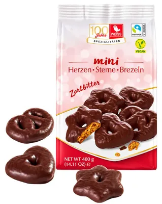 Produktbild von Weiss Mini-Herzen-Sterne-Brezeln Zartbitter 400g
