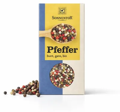 Produktbild von Sonnentor Pfeffer bunt ganz 50 g, Körnige Gewürze, 50 g, Schwarzer Pfeffer, Grüner Pfeffer, Rosa Pfefferkorn, Weißer Pfeffer, Box
