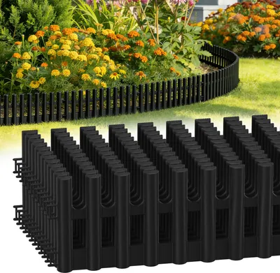 Produktbild von Faziango Plastik Rasenkante 12-teilig Set | 43x13 cm Hoch | Flexible Beetumrandung Garten | Witterungsbeständig Schwarz | Inklusive 24 Erdnägeln 20 cm