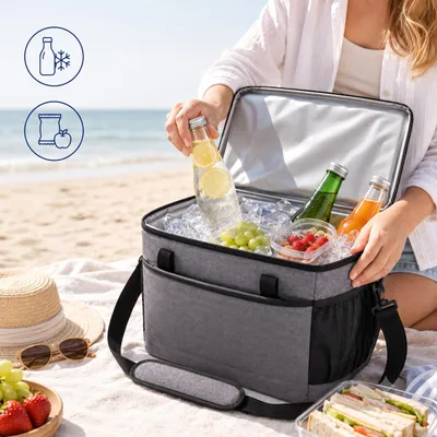 Productafbeelding van Relaxdays Koeltas, 20 liter, waterdicht, met 2 handgrepen en een band, geschikt voor strand, camping en picknick, grijze picknicktas