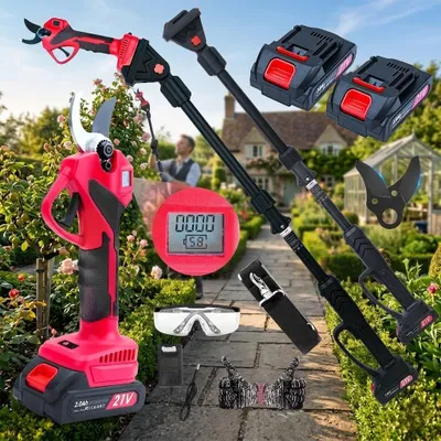 Obrázok produktu pre AIORBER Akumulátorové záhradné nožnice Elektrické nožnice na konáre 2 v 1 s teleskopickou tyčou 21 V 2 batérie 300 W Výkonné červené