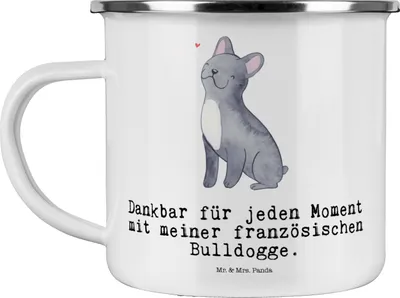 Produktbild von Mr. & Mrs. Panda Teetasse Französische Bulldogge Moment - Weiß - Geschenk, Pott, Haferl, Kaffeepott, Emaille Tasse, Blechtasse