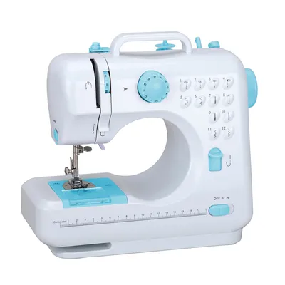 A white and blue sewing machine is shown against a white background.