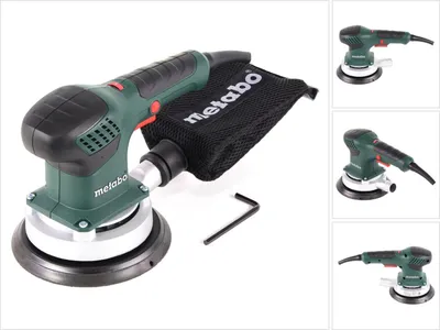 A Metabo random orbit sander is shown from multiple angles against a white background.