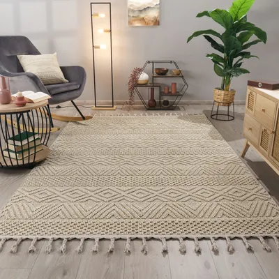 Produktbild von TT Home Wohnzimmer Teppich Esszimmer Kurzflor Skandinavisches Boho Design Uni 3D Fransen Größe 160x220 cm