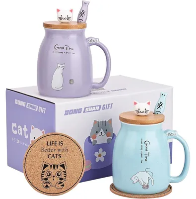 Productafbeelding van Set van 2 keramische thebekers met deksel en lepel, 450 ml, paars/blauw