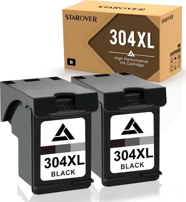 Two black ink cartridges and their packaging are displayed against a white background.
