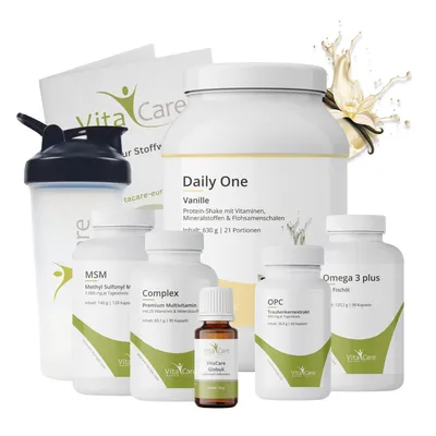 Obrázok produktu pre VitaCare, 21-dňový program na podporu metabolizmu, príchuť vanilka, kompletná sada pozostávajúca z 8 častí: proteínový nápoj, MSM, multivitamín, Omega 3 plus, OPC, homeopatiká a šejker